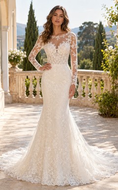 Robe de mariée sirène en dentelle raffinée, col montant transparent, manches longues transparentes, traîne chapelle, applications florales et dos illusion