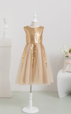 Sequin Tulle A-line Pleated Flowergirl Dress with Zipper Back
