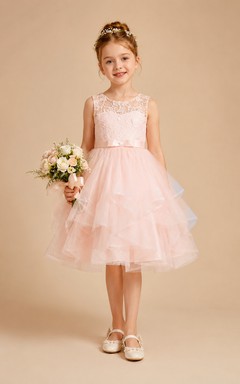 Blushing Pink Tea-Length A-Line Lace Flower Girl Dress with Ruffles