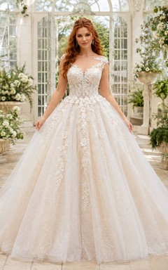 Champagne Lace Ball Gown Bridal Dress V-neck Sleeveless Cathedral Train