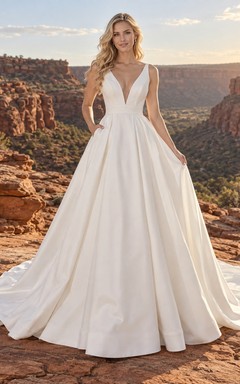Schlichtes, ärmelloses Brautkleid aus Satin mit V-Ausschnitt, A-Linie und Schleppe