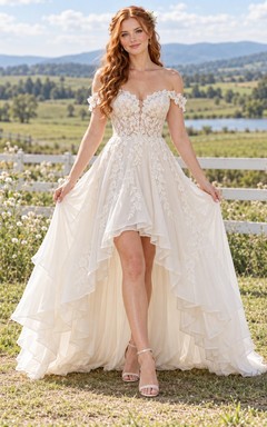 Country High-low Off Shoulder Corset Lace Cascading Bridal Wedding Dress