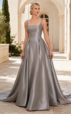 Robe de mariée simple en satin couleur étain, col carré et bretelles, coupe trapèze.