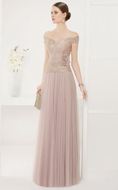 Off Shoulder A-line Tulle Long Dress With Lace Top And Flower Sash