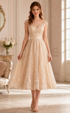 Heirloom Tea Champagne A-Line Bateau Short-Sleeve Lace Vintage Guest Dress