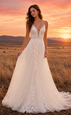 Robe de mariée champêtre en tulle, coupe trapèze, bretelles spaghetti et traîne chapelle