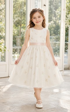 Simple Tulle A-Line Flower Girl Dress with Jewel Neck, Tea-Length Skirt and Pleated Skirt