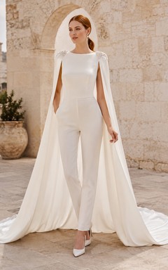Minimalist Satin Chiffon Wedding Jumpsuit Bateau Neck Sleeveless Sweep Train