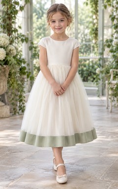 Simple Modest Tea-length Ivory Jewel Short Cap-sleeve Tulle Sage-hem Zipper-back Flower Girl Dress