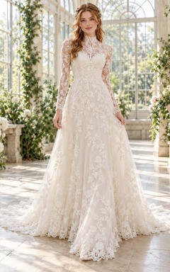 Modest Long Sleeve High Neck Floral Lace A-Line Wedding Dress