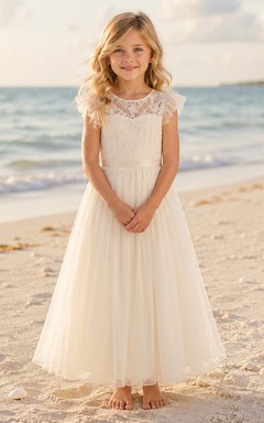 Tüllkleid für Blumenmädchen in A-Linie mit kurzen Spitzenärmeln, Rundhalsausschnitt und bodenlangem Rock