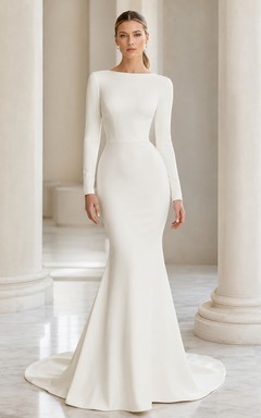 Figurschmeichelndes Brautkleid mit U-Boot-Ausschnitt, langen Ärmeln, Meerjungfrauenschnitt und Schleppe aus Satin