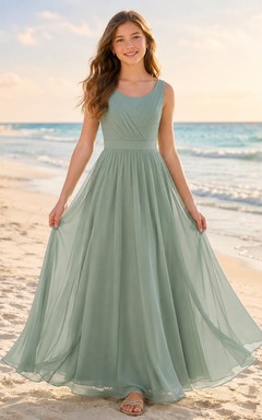 Mintgrünes Brautjungfernkleid für junge Mädchen, A-Linie, Rundhalsausschnitt, ärmellos, mit Falten, romantisch