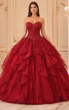 Red Luxury Strapless Sweetheart Tiered Glitter Tulle Princess Quinceanera Ball Gown