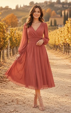 Vestido midi de gasa color rosa empolvado con cuello en V y manga larga para invitada.
