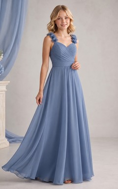 Stahlblaues Brautjungfernkleid für junge Mädchen, A-Linie, herzförmig, ärmellos, Chiffon, mit floralen Details, romantisch