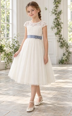 Tea-length Ivory A-line Lace Tulle Cap-sleeve Blue-sash Illusion Flower Girl Dress
