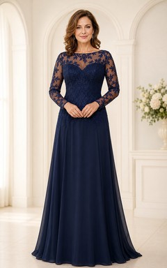 MOB-Kleid Dunkelblauer Chiffon-Spitzen-A-Linien-Langarm-U-Boot-Ausschnitt Bodenlang Plissee