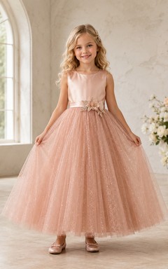 Classic Lace Tulle A-Line Flower Girl Dress with Short Sleeves, Jewel Neck, Tea-Length Skirt and Bow Detail