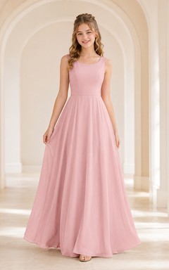Vestido de dama de honor juvenil rosa ruborizado, corte en A, sin mangas, de gasa sencilla.