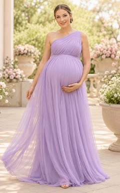 Robe de maternité lavande à une épaule, plissée, en mousseline, longueur empire