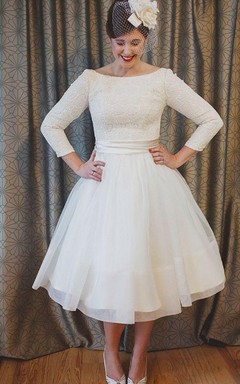 Vestidos de novia de talla grande hasta la rodilla, de encaje y organza, con mangas de 3 a 4 pulgadas.