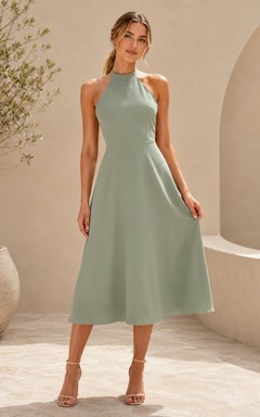 Sage Halter Crepe Tea Length A Line Cocktail Dress