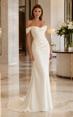 Robe de mariée sirène élégante en satin à épaules dénudées et traîne pour réception