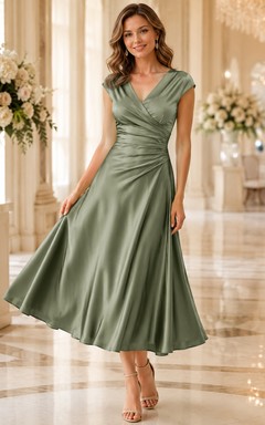 Jade V Neck Cap Sleeve Ruched Satin Tea Guest Dress