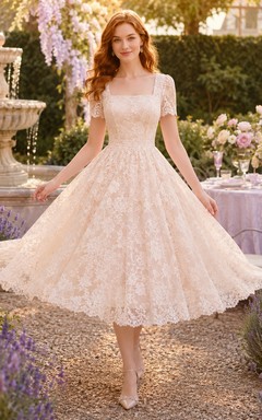 Romantic Square Neck Lace Tea-Length Tulle A-Line Wedding Dress