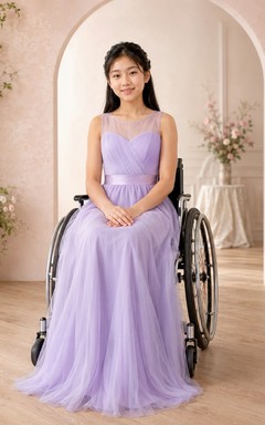 Lavendelfarbenes Brautjungfernkleid für junge Damen, A-Linie, herzförmiger Ausschnitt und hoher Kragen, ärmellos, Illusionsärmel, Tüll, dezent