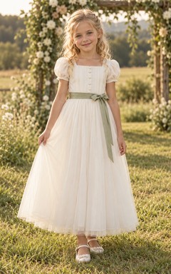 Square Neck Ivory A-line Tulle Ankle-length Puff-sleeve Green-sash Button-front Flower Girl Dress