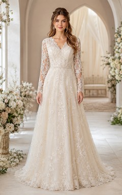 Floral Lace Long Sleeve A-Line V-Neck Floor Length Modest Bridal Ceremony Dress