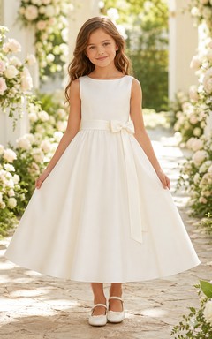 Classic Tulle with Bow A-Line Flower Girl Dress with Short Sleeves, Jewel Neck, Tea-Length Skirt and Bow Detail