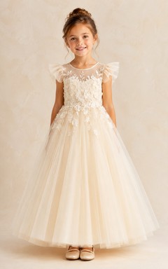 A-line Floor Length Cap Sleeve Tulle Lace Flower Girl Dress with Champagne lace yoke with full tulle skirt