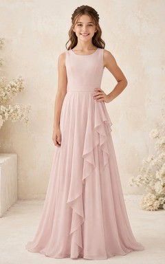 Romantisches, rosafarbenes Brautjungfernkleid im A-Linien-Stil mit Schmucksteinen, ärmellos, aus Chiffon mit fließenden Rüschen