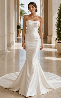Robe de mariée minimaliste en satin, coupe sirène, bustier, traîne.