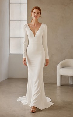 Modest Long Sleeve V-Neck Sheath Crepe Wedding Dress With Sweep Train