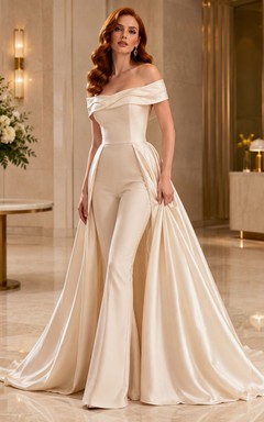 Minimalist Champagne Satin Wedding Jumpsuit Off Shoulder Sweep Train