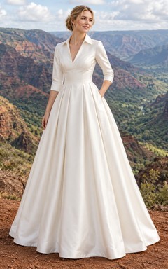 Vestido de novia sencillo de satén de algodón plisado, escote en V, manga tres cuartos y corte en A hasta el suelo.