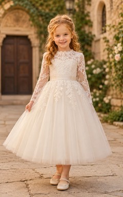 A-Line Heirloom Flower Girl Dress with Cap Sleeves, Lace Bodice, Floor-Length Tulle, Satin Waist, Heirloom Ceremony Style