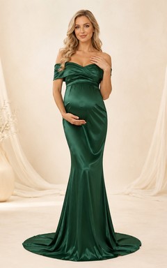 Dunkelgrünes Umstands-Abendkleid aus Satin mit schulterfreiem Ausschnitt und Meerjungfrauen-Schnitt