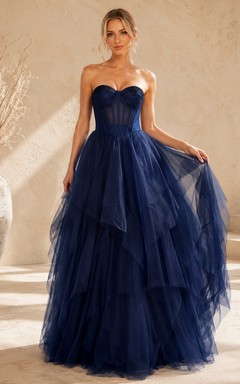 Dark Navy Strapless Layered Tulle Ball Gown Prom Dress