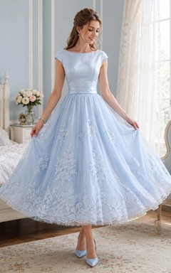 Vestido vintage sin mangas de largo midi con escote cuadrado de tul azul cielo