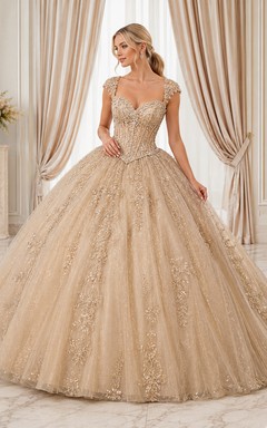 Champagne Luxury Cap Sleeve Sweetheart Crystal Glitter Tulle Quinceanera Ball Gown