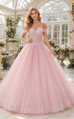 Vestido de princesa de quinceañera con vestido de gala de tul rosa con hombros descubiertos