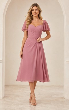 Dusty Rose Ruched Waist Flutter Sleeve Midi Dress