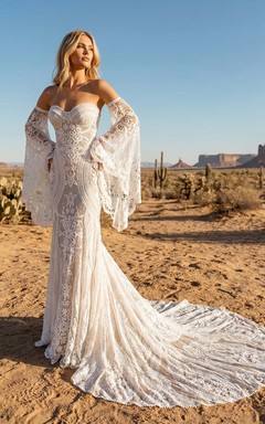 Robe de mariée sirène en dentelle à manches cloche amovibles, épaules dénudées, style bohème