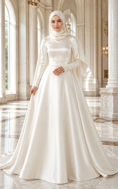 Vestido de novia musulmán modesto de satén con cuello alto, corte en A y cola larga.