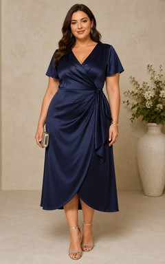 Plus Size Dark Navy Satin Wrap Tea-Length Dress